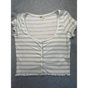 Billabong Blue & White Striped Ribbed Button-Front Crop Top - Size Large